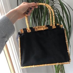 Beautiful Women’s Black Canvas/Linen Bamboo Handles Hand Bag Medium Size